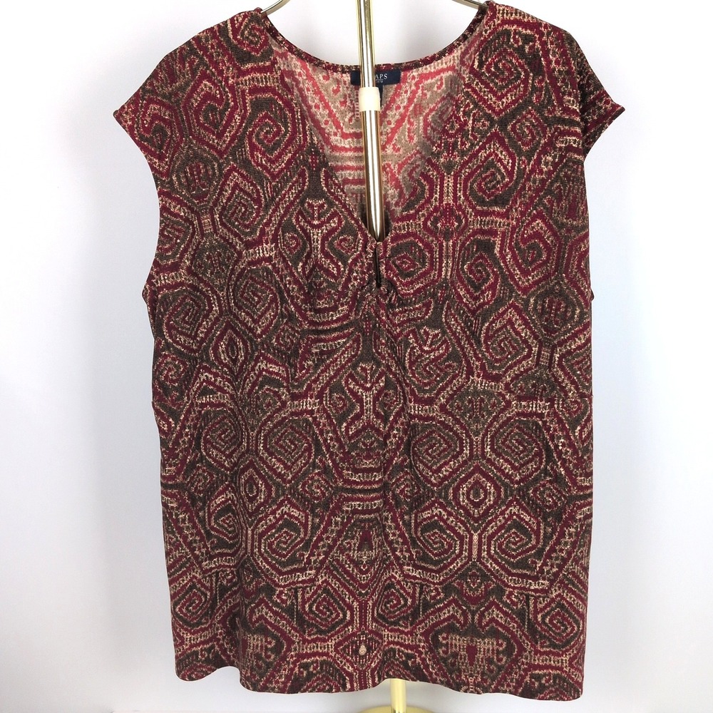 Chaps Women 3X Sleeveless Blouse Burgundy Brown Geometric Ruched V-Neck Knit Top